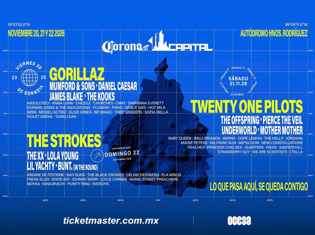 Cartel oficial de Corona Capital 2026 con Gorillaz, The Strokes y Twenty One Pilots