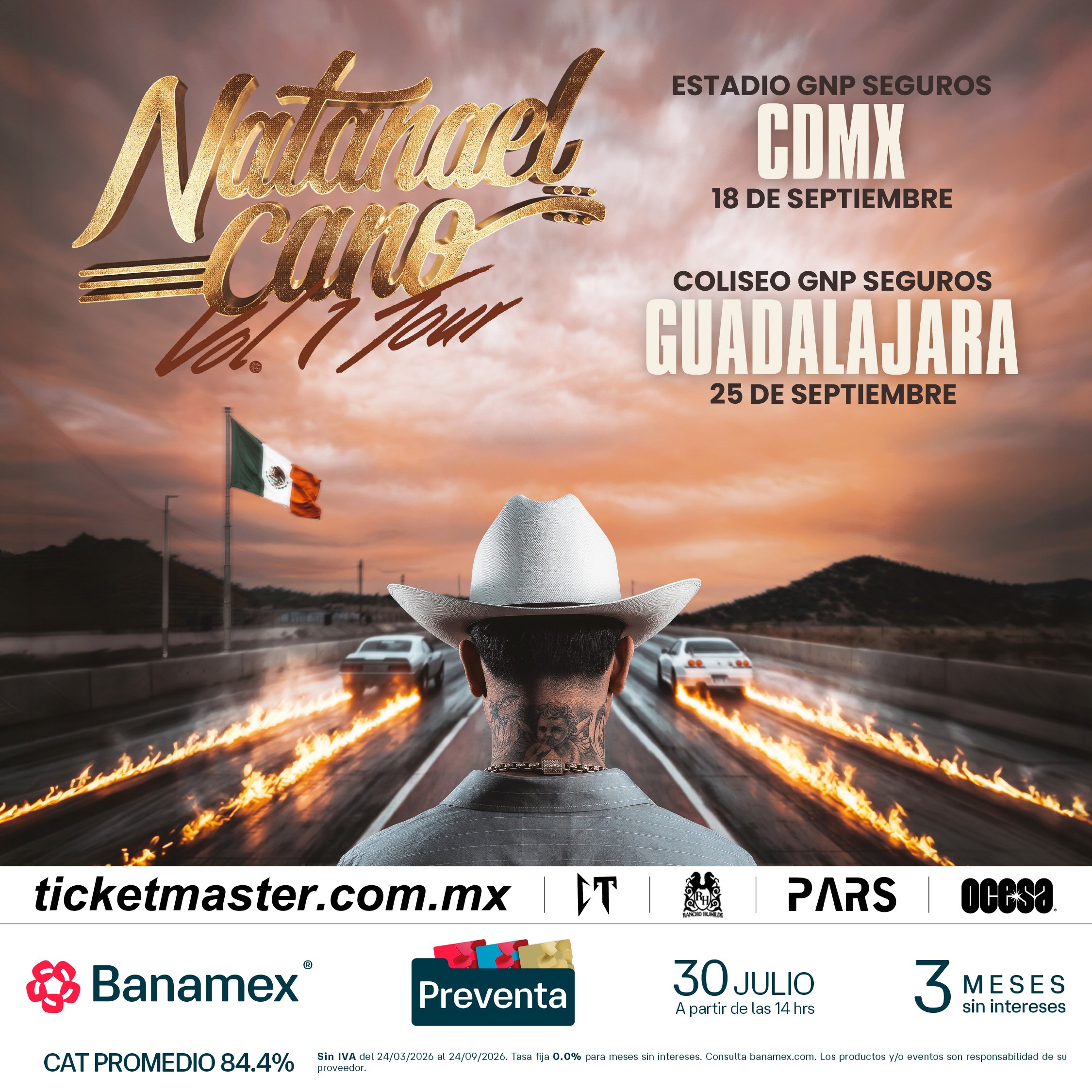 Natanael Cano en el Estadio GNP Seguros como parte de su gira de estadios en México 2026.