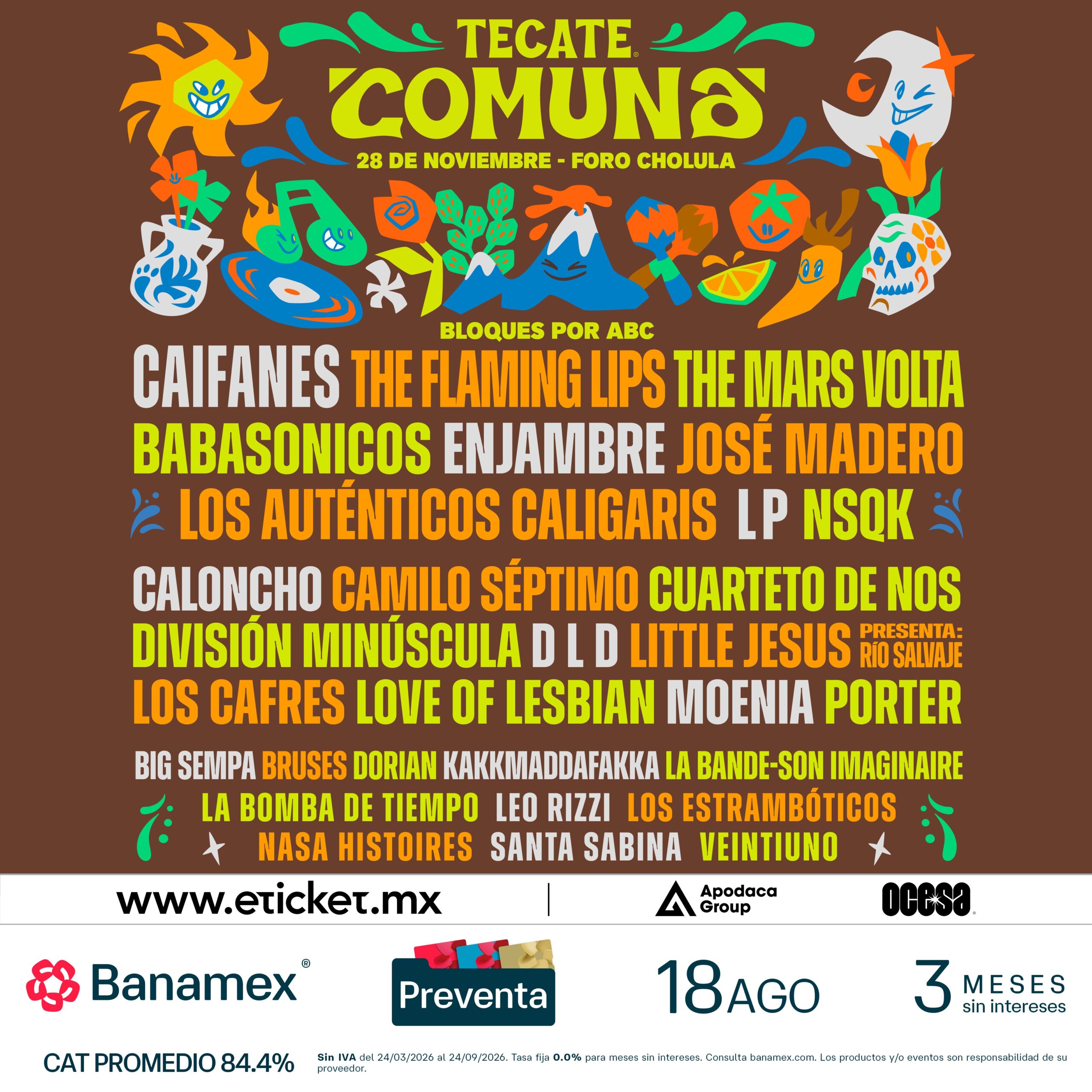 Cartel Tecate Comuna 2026 con Caifanes, The Mars Volta y Love of Lesbian en Puebla
